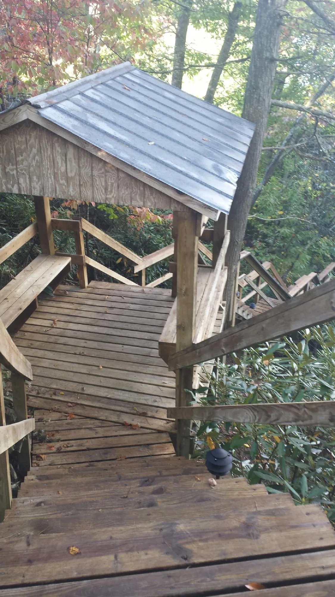 Metal roofed shelter over wooden steps on a wooded walkway — Skylight Repair & Installation work by our crew in Edgefield